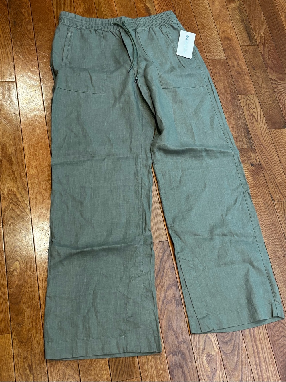 Athleta NWT women’s large tall green Olive Drawstring Linen-Blend Pants